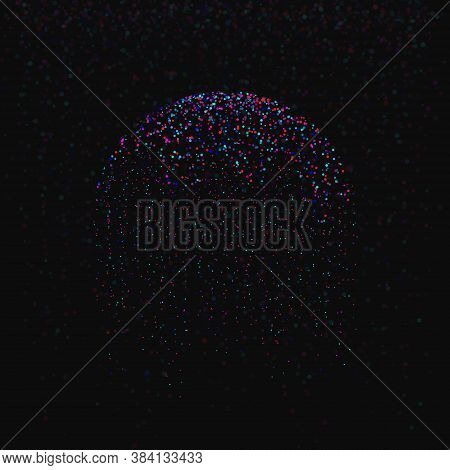 Big Data Visualization. Circular Particles Of Falling Multicolored Data Units On Dark Background. Sc
