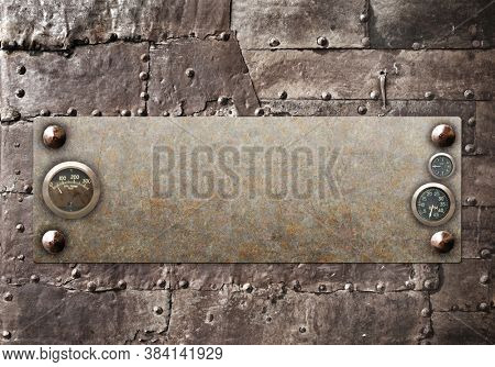 Grunge background in steampunk style. Texture of old metal with rivets and rusty frame. Mock up tempalte. Copy space for your text
