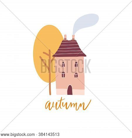 Vector Tine House In Countryside With Steaming Pipes. Cozy Postcard For Autumn