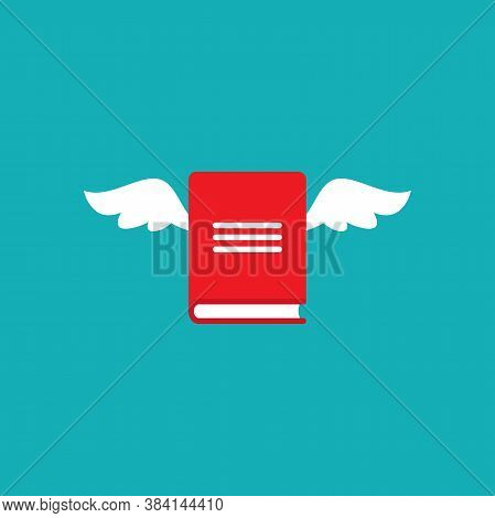 Red Book With Wings Isolated On Bluebackground. Vector Flat Illustration.