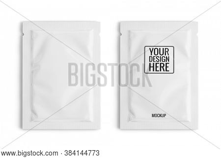 Blank white sachet packet isolated on white. Small pack sachet mockup. 3d rendering