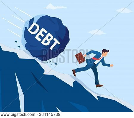 Businessman On Mountain Running Away From Big Debt Weight. Business Man With Briefcase And Wrecking 