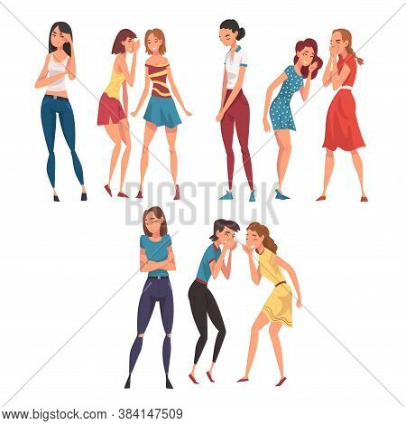 Female Friends Cynically Gossiping And Giggling Behind The Backs Of Sad, Stressed Girls Cartoon Vect