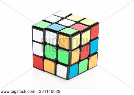 Kharkov, Ukraine - Dmay 5, 2020: Classic Multi-colored Rubiks Cube In Random Order Isolated On White