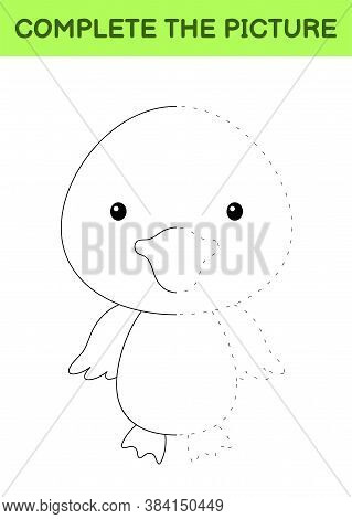 Complete The Picture Of Cute Duck. Coloring Book. Copy Picture. Handwriting Practice, Drawing Skills