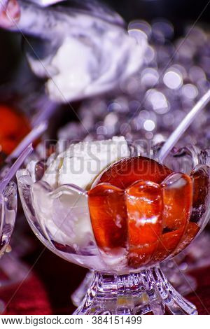 Gulab Jamun With Ice Cream, Dessert Or Sweet Of Indian Subcontinent. Festival Food