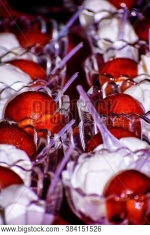 Gulab Jamun With Ice Cream, Dessert Or Sweet Of Indian Subcontinent. Festival Food