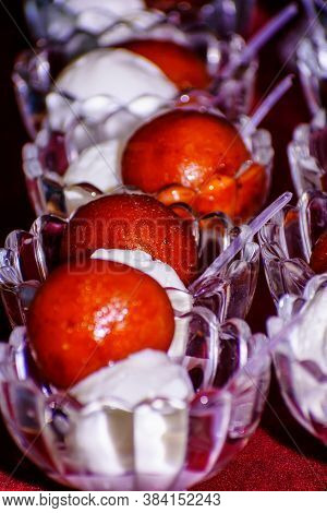 Gulab Jamun With Ice Cream, Dessert Or Sweet Of Indian Subcontinent. Festival Food