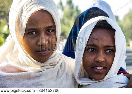 Gondar, Ethiopia - Feb 06, 2020: Ethiopian People At A Mass At The Surrounding Area Of Gondar In Eth