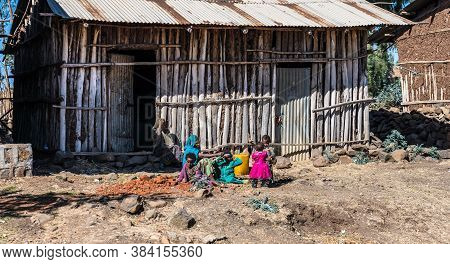 Gondar, Ethiopia - Feb 07, 2020: Ethiopian People On The Road From Gondar To The Simien Mountains, N