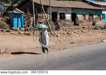 Gondar, Ethiopia - Feb 07, 2020: Ethiopian People On The Road From Gondar To The Simien Mountains, N
