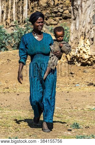 Gondar, Ethiopia - Feb 07, 2020: Ethiopian People On The Road From Gondar To The Simien Mountains, N