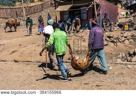 Gondar, Ethiopia - Feb 07, 2020: Ethiopian People On The Road From Gondar To The Simien Mountains, N