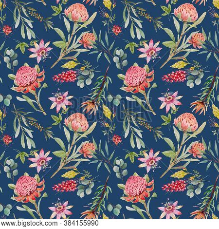 Beautiful Vector Seamless Floral Pattern With Watercolor Summer Protea And Passionflower Flowers. St