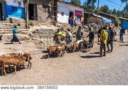 Gondar, Ethiopia - Feb 07, 2020: Ethiopian People On The Road From Gondar To The Simien Mountains, N