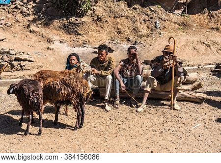 Gondar, Ethiopia - Feb 07, 2020: Ethiopian People On The Road From Gondar To The Simien Mountains, N
