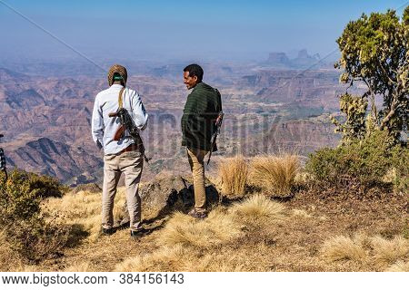 Simien Mountains, Ethiopia - Feb 07, 2020: Ethiopian People At Simien Mountains National Park In Eth