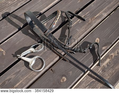 Lether Horse Halter And Steel Horse Snaffle-bit On Wooden Table