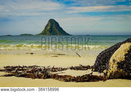 Seascape, Sea Coast With Sandy Beach And Island Bleiksoya In The Distance, Resort Bleik Andoya Norwa