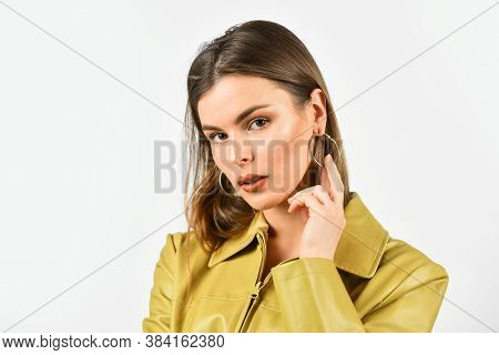 Casual Fashion Style. Woman With Trendy Makeup. Skin Tone. Charming Appearance. Naturalness And Artl