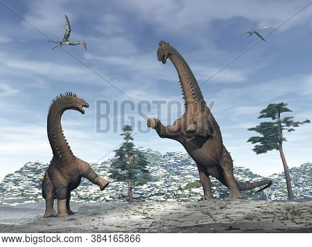 Alamosaurus Dinosaurs Fighting In The Mountain Under Quetzalcoatlus Flying - 3d Render