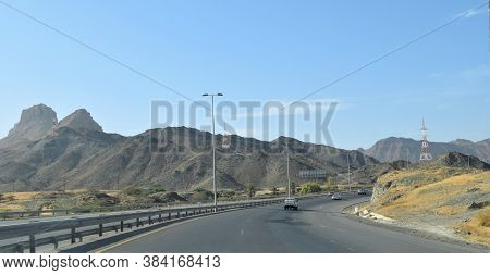 Landscape Of Muscat To Ibri Highway Road Travel. Muscat, Oman : 07-09-2020