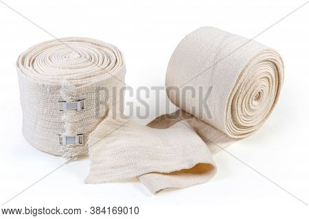 Two Modern Woven Elastic Medical Bandages With Aluminum Stretchable Clips On A White Background