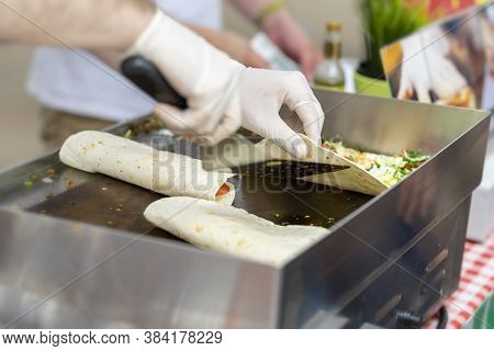 Hands In Gloves, Process Of Preparing A Fajitas Or Fajitos, Chef Cooking, Authentic Street Food. Con
