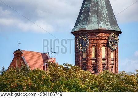 Kaliningrad, Russia - August 22, 2019: View Of Neogothic Red Bricks Tower Of The Famous Historical K