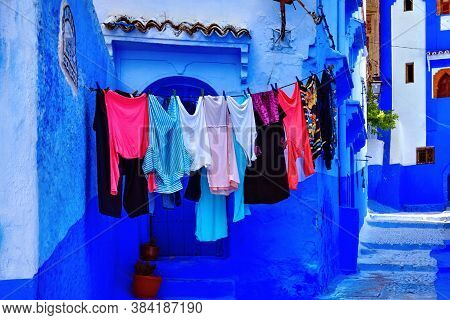 Chefchaouen, Morocco - May 29, 2017: Hanging Drying Clothes In Chefchaouen, Morocco. The City Is Not