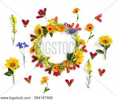 Wreath Of Summer Wildflowers Sunflowers, Flowers Calendula, Linaria, Blue Cornflowers, Red Samaras M