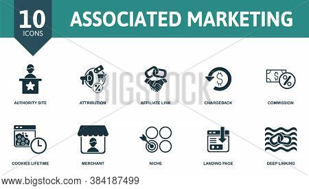 Associated Marketing Icon Set. Collection Contain Affiliate, Link, Agreement, Tracking, Code, Advert