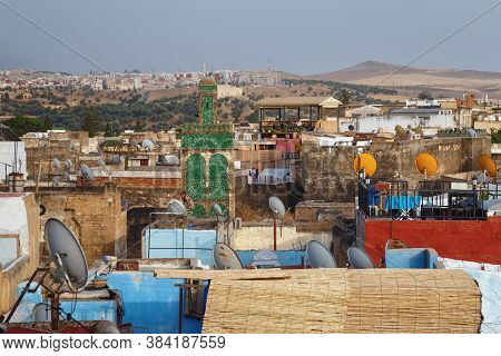 Fez, Morocco - May 31, 2017: View Of The Old Buildings Roofs In Medina Quarter Of Fez. The Medina Of