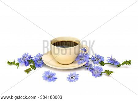 Cup Of Drink With Chicory And Flowers Chicory (cichorium Intybus) On A White Background