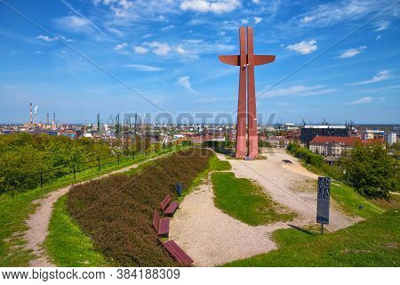 Gdansk, Poland - May 14, 2017: Millennium Cross Monument On The Gradowa Hill And City View Point. Th