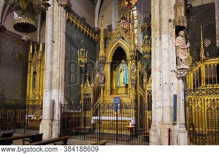 Barcelona, Spain - May 15, 2017: Back Side Altar In The Gothic Basilica Of Saints Justus And Pastor 