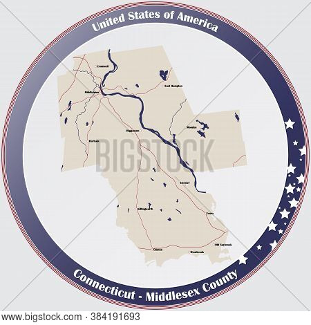 Round Button With Detailed Map Of Middlesex County In Connecticut, Usa.