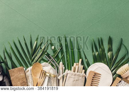 Zero Waste Concept. Cotton Bag, Bamboo Cultery, Glass Jar, Bamboo Toothbrushes, Hairbrush And Straws