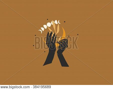 Hand Drawn Vector Abstract Stock Flat Graphic Illustration With Logo Elements , Moon In Human Hand ,