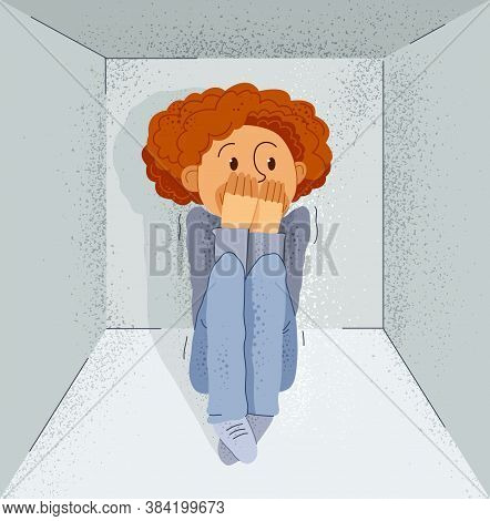 Claustrophobia Fear Of Closed Space And No Escape Vector Illustration, Boy Is Closed In Small Room S