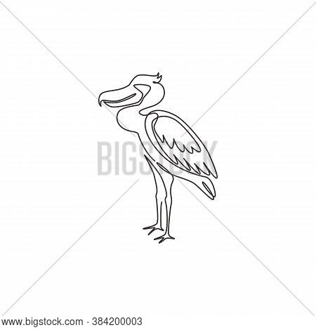 Single Continuous Line Drawing Of Large Adorable Shoebill For Logo Identity. Big Prehistoric Dinosau