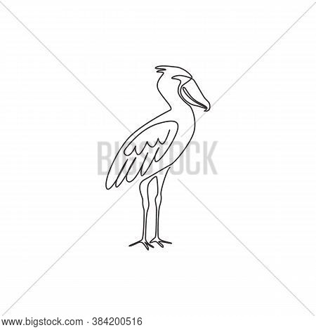 One Single Line Drawing Of Enormous Shoebill For Company Logo Identity. Large Prehistoric Bird Masco