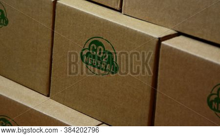 Co2 Carbon Neutral Emission Stamp Printed On Cardboard Box. Ecology, Nature Friendly, Climate Change