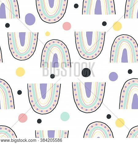 Modern Minimalistic Cute Pattern With Abstract Rainbow. Seamless Pattern In Pastel Colors For Kids, 
