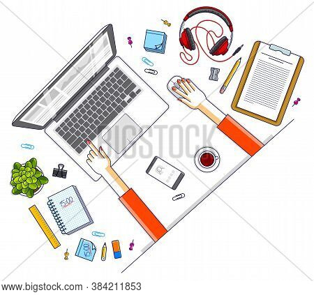 Work Desk Workspace Top View With Hands Of Office Worker Or Entrepreneur, Pc Notebook And A Lot Of D