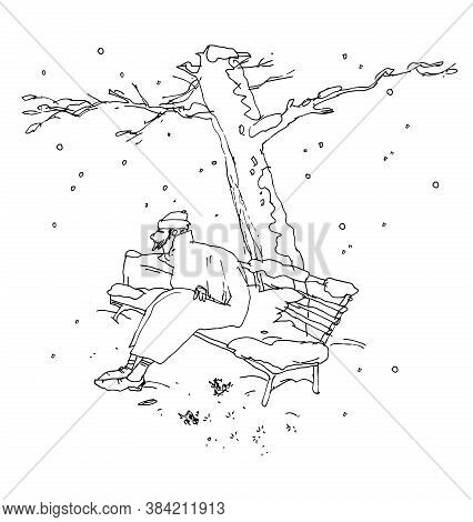 Lonely Man And First Snow - It Is Abstract Ink Drawing And Cartoon.