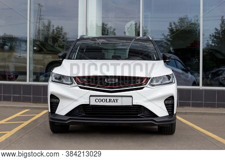 Russia, Izhevsk - August 14, 2020: Geely Showroom. New Modern Coolray Is Standing Near The Dealer Sh