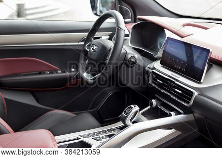 Russia, Izhevsk - August 14, 2020: Geely Showroom. Interior Of New Modern Coolray With Black And Red