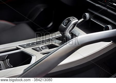 Russia, Izhevsk - August 14, 2020: Geely Showroom. Interior Of New Modern Coolray With Automatic Tra