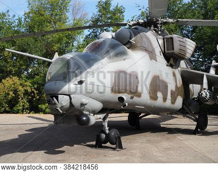 Saratov, Russia - September , 2020:military Helicopter Mi-24 At The Exhibition Of Military Equipment